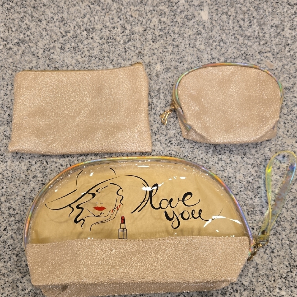Beige Metallic Three Piece Cosmetic Bag Set with Illustration